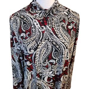 Susan Graver Womens XL Liquid Knit Turtleneck Top Black White Red Paisley Shirt